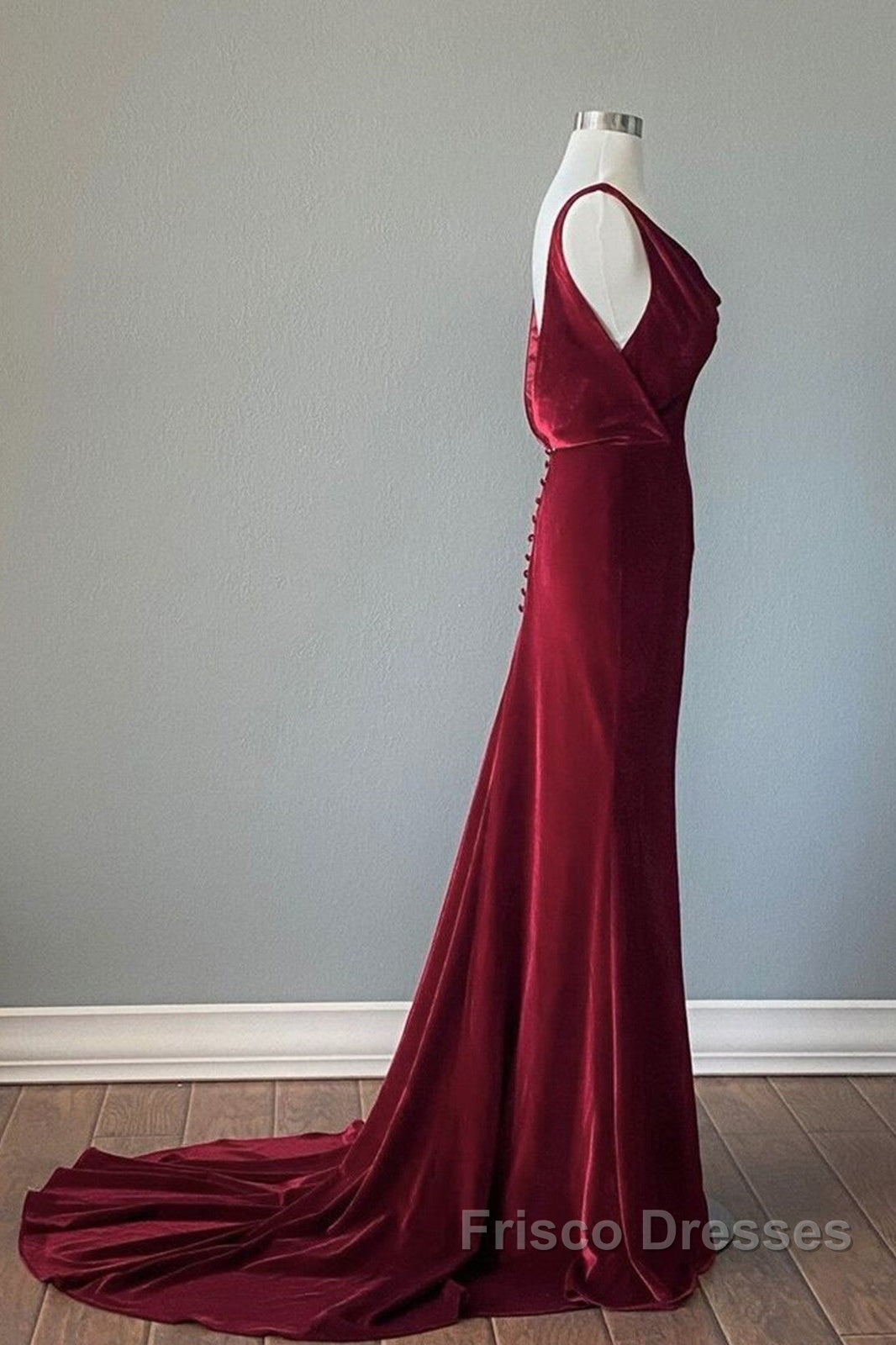 Wine Red Velvet Backless Straps Formal Prom Dress, Wine Red Velvet Party Dress