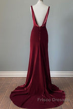 Wine Red Velvet Backless Straps Formal Prom Dress, Wine Red Velvet Party Dress