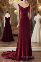 Wine Red Velvet Backless Straps Formal Prom Dress, Wine Red Velvet Party Dress