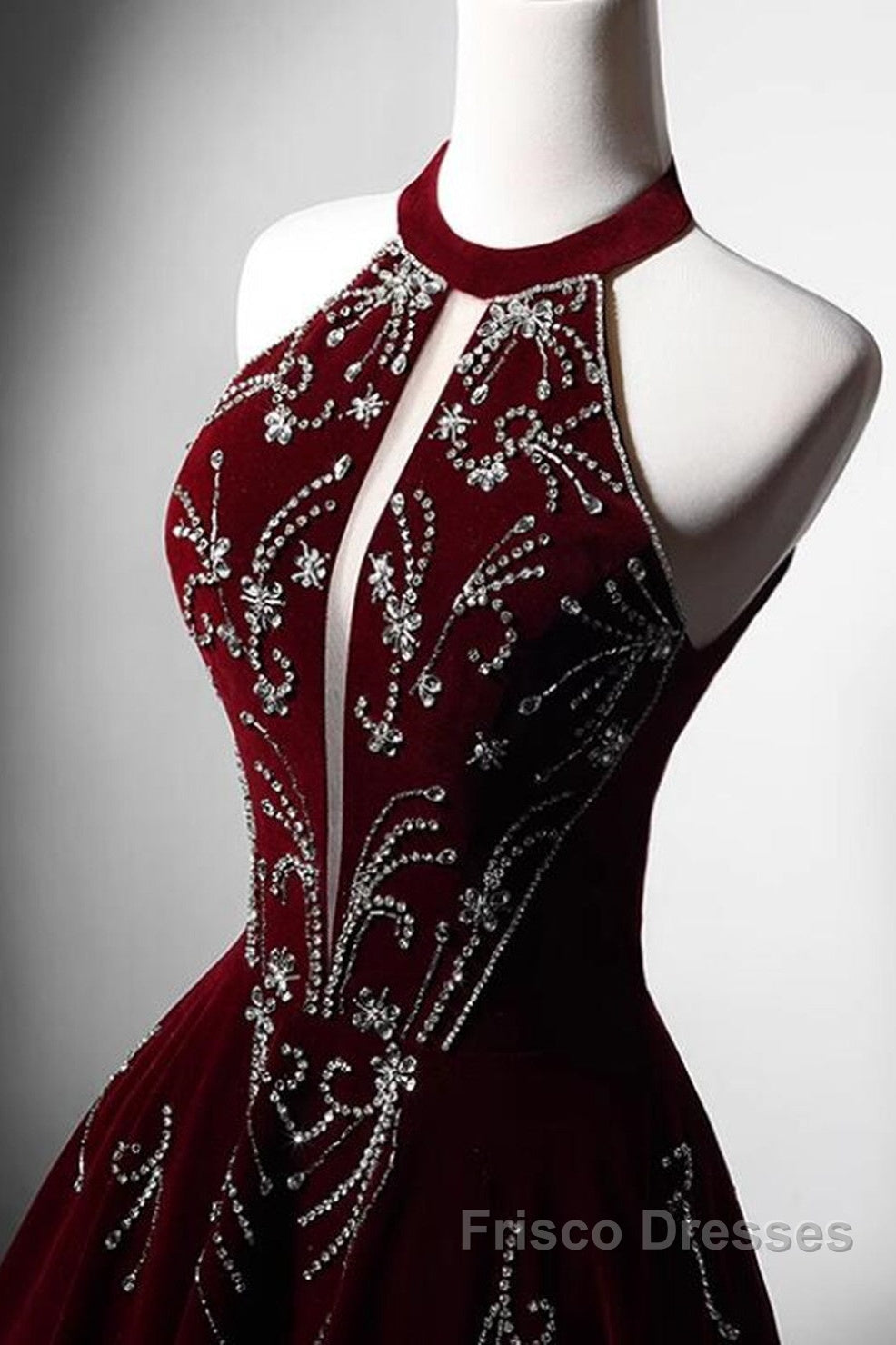 Wine Red Velvet Beaded Halter Long Formal Dress, A-Line Velvet Formal Prom Dress Secondary image