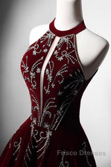 Wine Red Velvet Beaded Halter Long Formal Dress, A-Line Velvet Formal Prom Dress