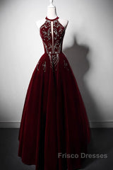 Wine Red Velvet Beaded Halter Long Formal Dress, A-Line Velvet Formal Prom Dress
