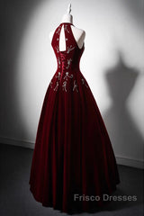 Wine Red Velvet Beaded Halter Long Formal Dress, A-Line Velvet Formal Prom Dress