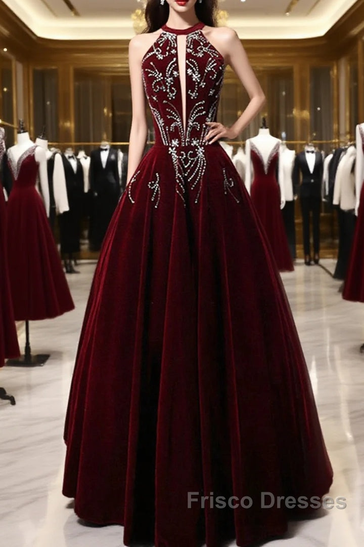 Wine Red Velvet Beaded Halter Long Formal Dress, A-Line Velvet Formal Prom Dress Main image