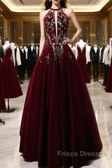 Wine Red Velvet Beaded Halter Long Formal Dress, A-Line Velvet Formal Prom Dress