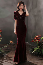 Wine Red Velvet Beaded Short Sleeves Long Party Dress, Wine Red Mermaid Prom Dress