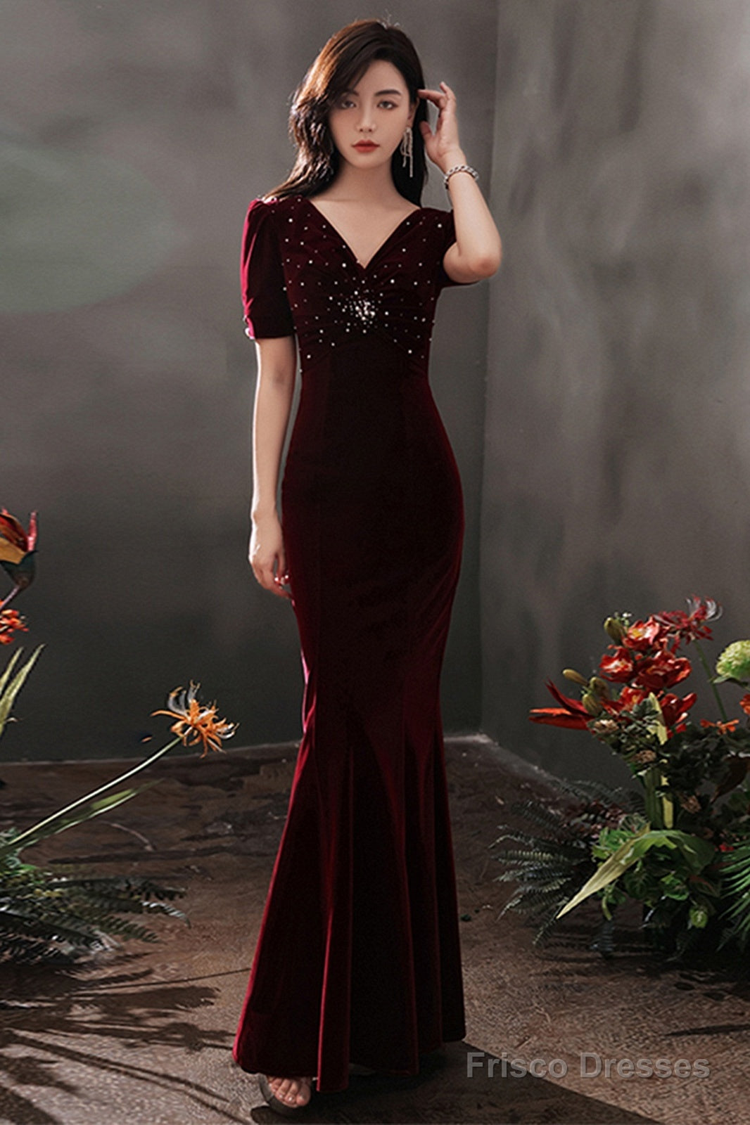 Wine Red Velvet Beaded Short Sleeves Long Party Dress, Wine Red Mermaid Prom Dress