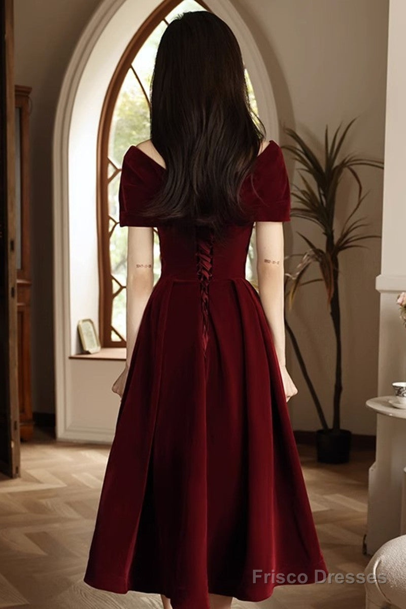Wine Red Velvet Chic Tea Length, Wine Red Off Shoulder Wedding Party Dress