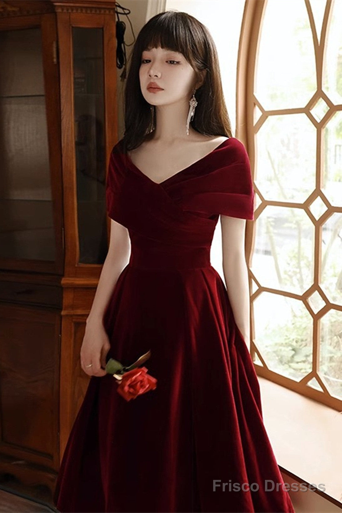 Wine Red Velvet Chic Tea Length, Wine Red Off Shoulder Wedding Party Dress Main image