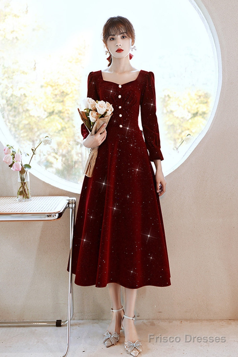 Wine Red Velvet Elegant Tea Length Bridesmaid Dress, Wine Red Homecoming Dress Secondary image