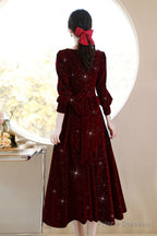 Wine Red Velvet Elegant Tea Length Bridesmaid Dress, Wine Red Homecoming Dress