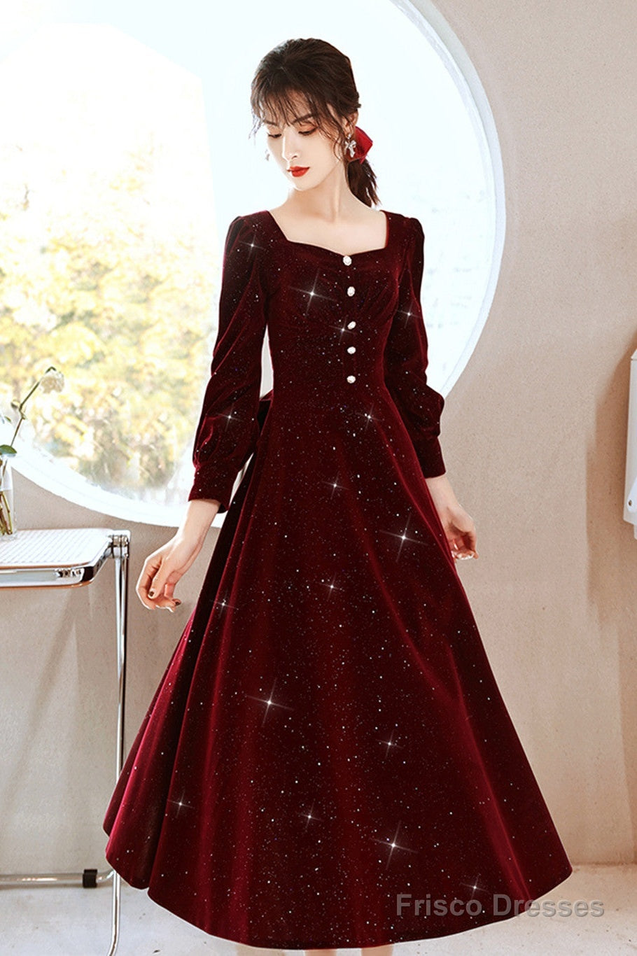 Wine Red Velvet Elegant Tea Length Bridesmaid Dress, Wine Red Homecoming Dress