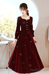 Wine Red Velvet Elegant Tea Length Bridesmaid Dress, Wine Red Homecoming Dress
