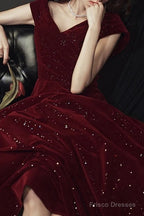 Wine Red Velvet Floor Length A-Line Prom Dress, Wine Red Wedding Party Dress