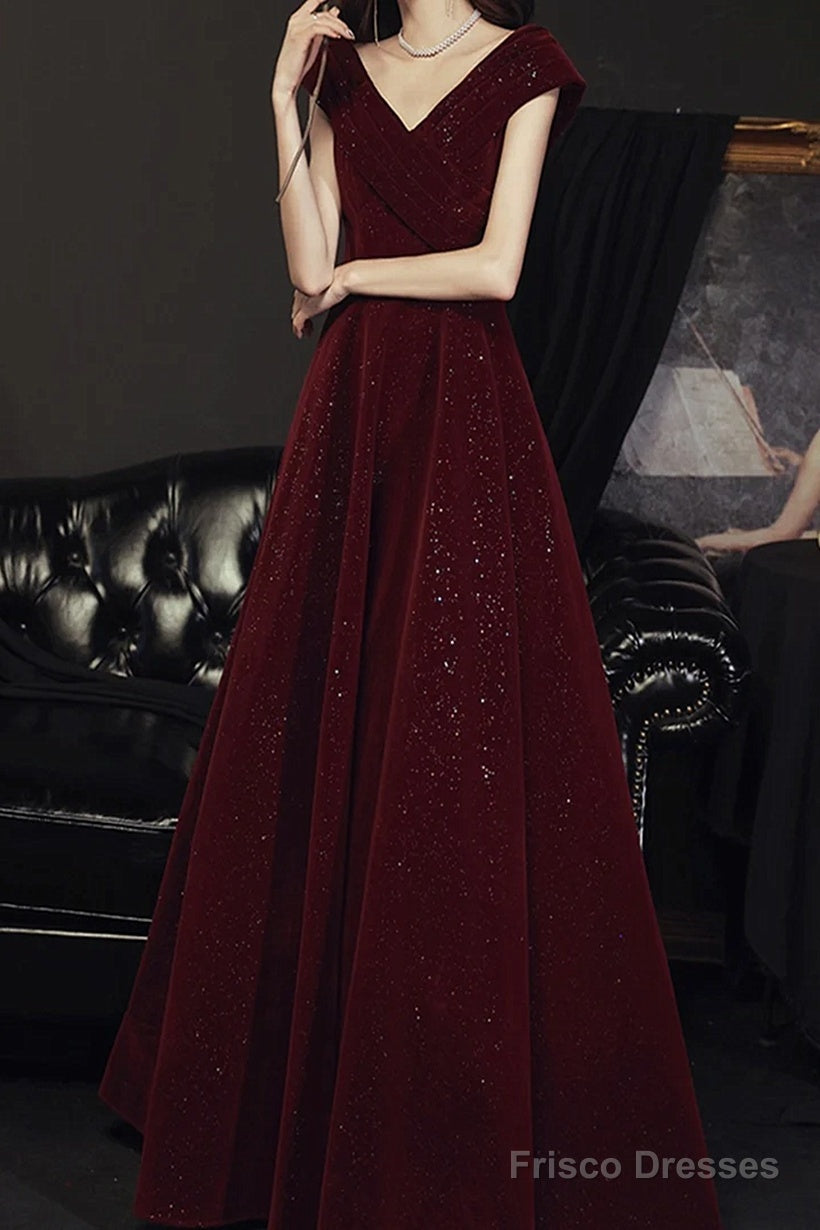 Wine Red Velvet Floor Length A-Line Prom Dress, Wine Red Wedding Party Dress Main image
