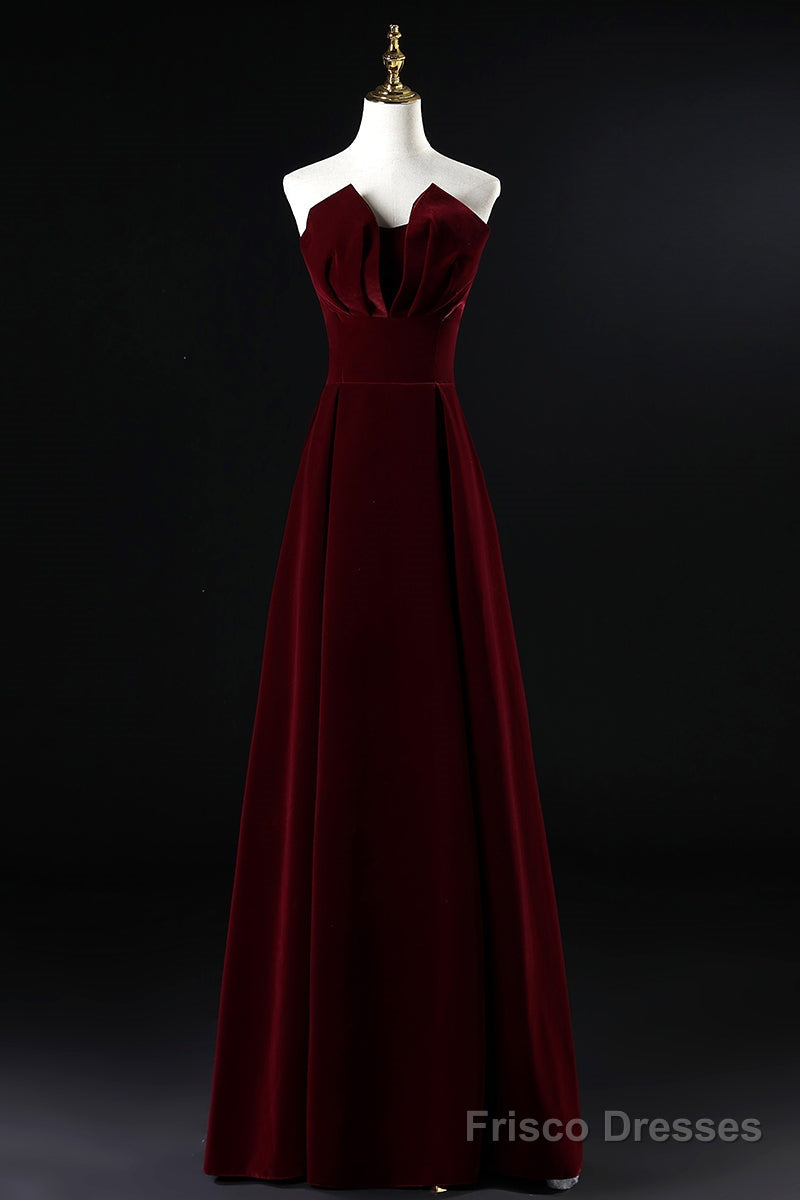 Wine Red Velvet Floor Length Long Prom Dress, Dark Red Party Dress Main image
