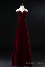 Wine Red Velvet Floor Length Long Prom Dress, Dark Red Party Dress