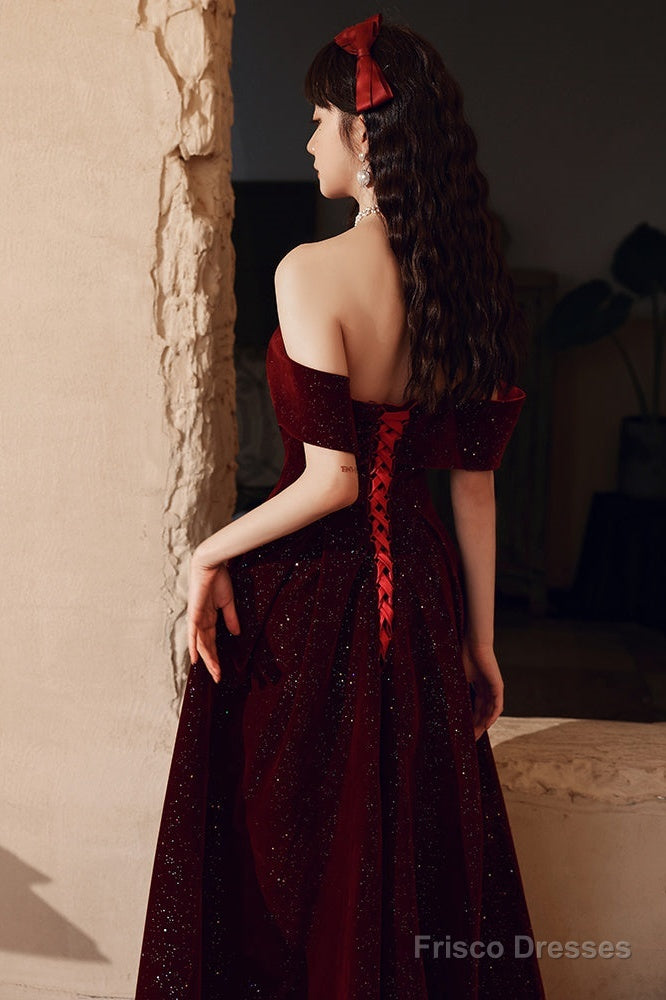 Wine Red Velvet Floor Length Party Dress, A-Line Formal Dress Wine Red Prom Dress