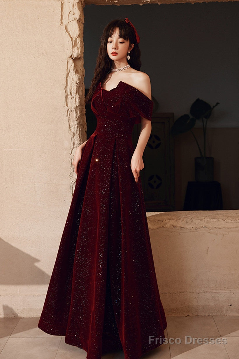 Wine Red Velvet Floor Length Party Dress, A-Line Formal Dress Wine Red Prom Dress Main image