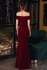 Wine Red Velvet Leg Slit Long Prom Dress Party Dress, Mermaid Off Shoulder Gowns