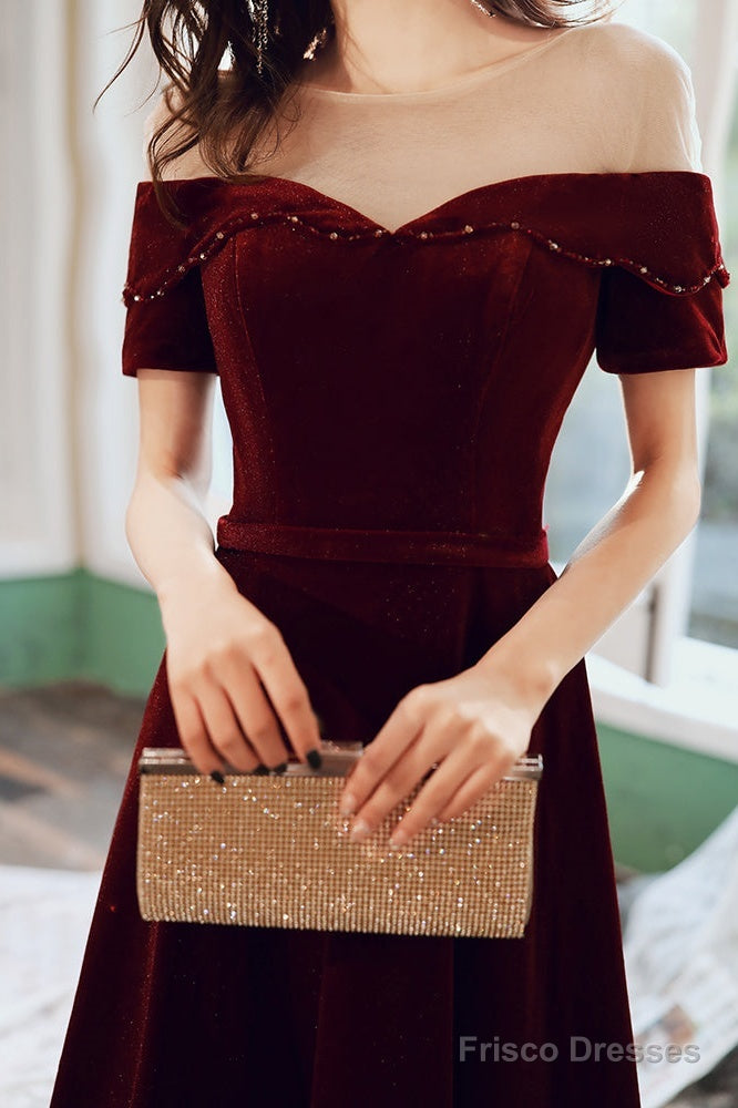 Wine Red Velvet Long A-Line Bridesmaid Dress, Wine Red Prom Dresses Secondary image