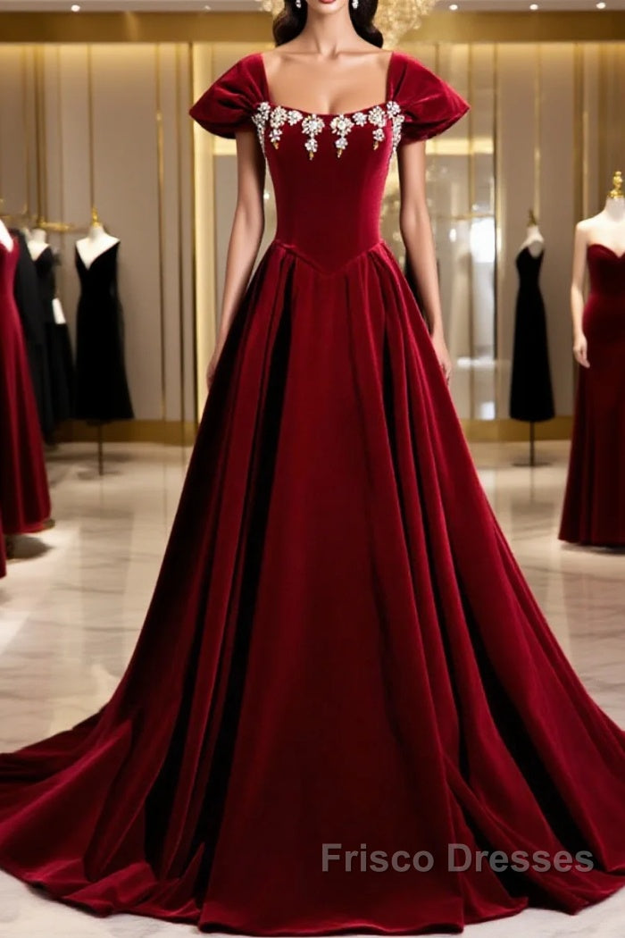 Wine Red Velvet Long Formal Dress With Beadings, Wine Red Formal Prom Dress Main image