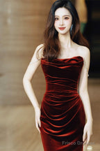 Wine Red Velvet Long Mermaid Wedding Party Dress, Wine Red Prom Dress
