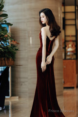 Wine Red Velvet Long Mermaid Wedding Party Dress, Wine Red Prom Dress