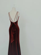 Wine Red Velvet Long Party Dress, Mermaid Open Back Long Prom Dress