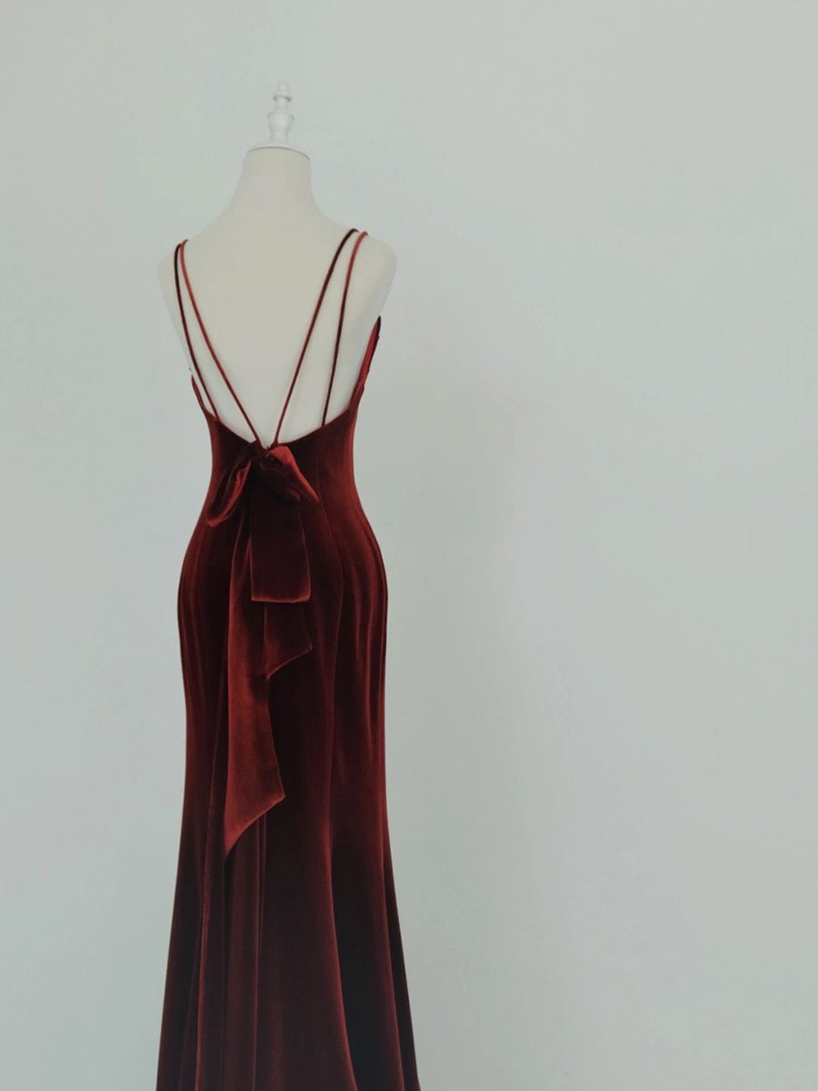 Wine Red Velvet Long Party Dress, Mermaid Open Back Long Prom Dress