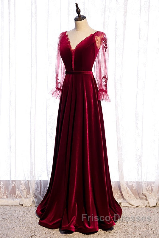 Wine Red Velvet Long Party Dress Formal Prom Dress, A-Line Long Sleeves Formal Dress Secondary image