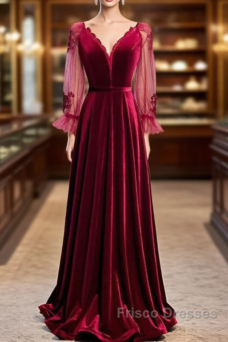 Wine Red Velvet Long Party Dress Formal Prom Dress, A-Line Long Sleeves Formal Dress Main image