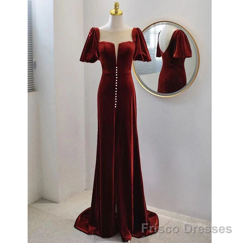 Wine Red Velvet Long Round Neckline Party Dress, Wine Red Prom Dresses Secondary image