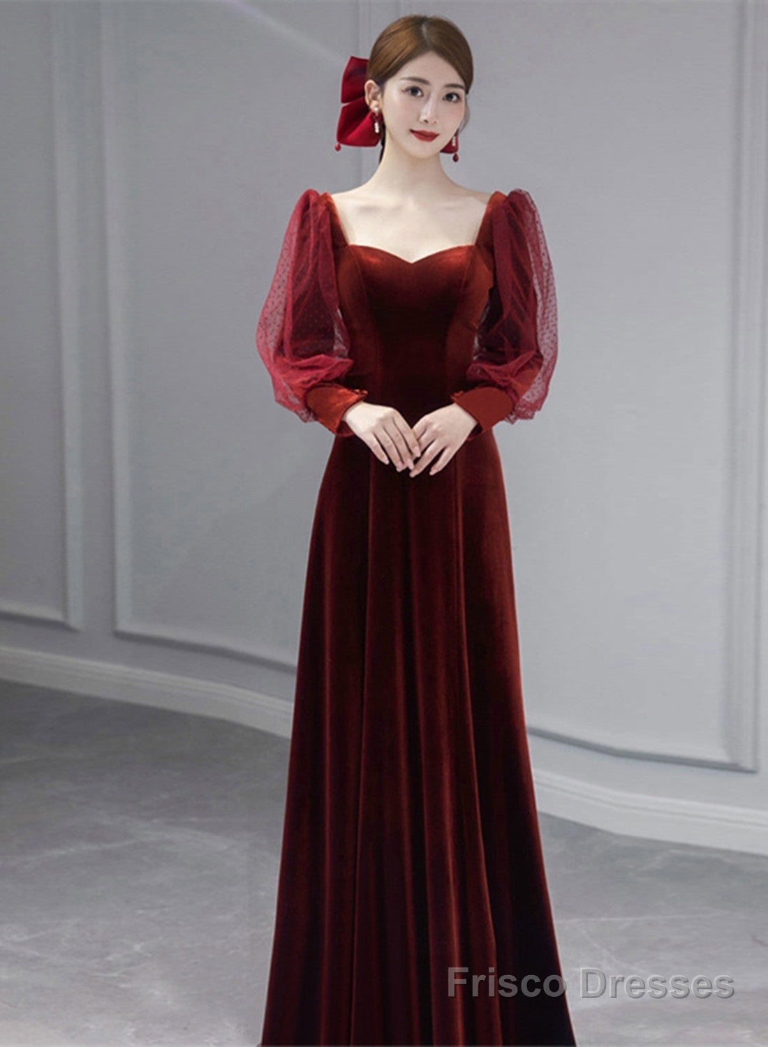 Wine Red Velvet Long Sleeves Floor Length Bridesmaid Dress, Wine Red Long Prom Dress Main image