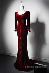 Wine Red Velvet Long Sleeves Mermaid Long Formal Prom Dress, Wine Red Evening Dress
