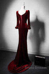 Wine Red Velvet Long Sleeves Mermaid Long Formal Prom Dress, Wine Red Evening Dress