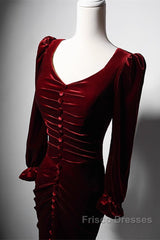 Wine Red Velvet Long Sleeves Mermaid Long Formal Prom Dress, Wine Red Evening Dress