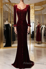 Wine Red Velvet Long Sleeves Mermaid Long Formal Prom Dress, Wine Red Evening Dress