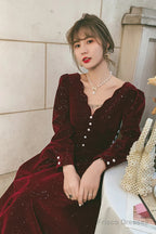 Wine Red Velvet Long Sleeves Party Dress, Wine Red V-Neckline Prom Dress Evening Dress