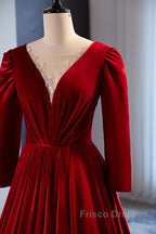 Wine Red Velvet Long Sleeves See Through Formal Prom Dress, Wine Red Wedding Party Dress