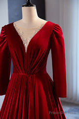 Wine Red Velvet Long Sleeves See Through Prom Dress, Wine Red Wedding Party Dress