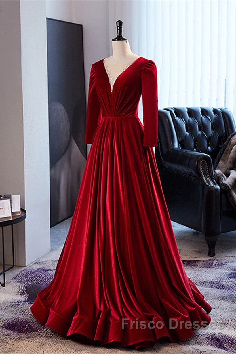 Wine Red Velvet Long Sleeves See Through Formal Prom Dress, Wine Red Wedding Party Dress