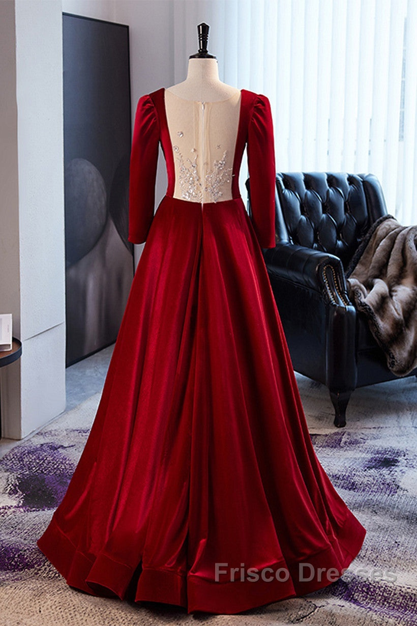 Wine Red Velvet Long Sleeves See Through Formal Prom Dress, Wine Red Wedding Party Dress