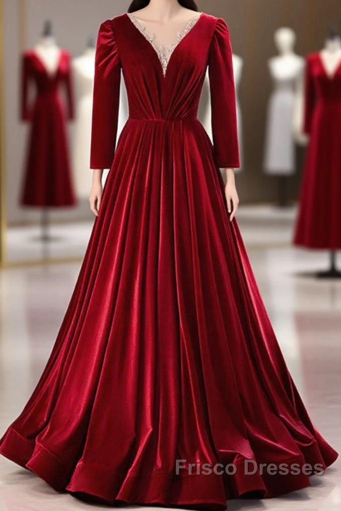 Wine Red Velvet Long Sleeves See Through Formal Prom Dress, Wine Red Wedding Party Dress Main image