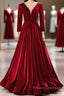 Wine Red Velvet Long Sleeves See Through Formal Prom Dress, Wine Red Wedding Party Dress