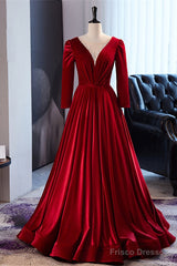 Wine Red Velvet Long Sleeves See Through Prom Dress, Wine Red Wedding Party Dress