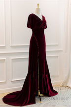 Wine Red Velvet Long Wedding Party Dress With Leg Slit, Wine Red Formal Dress