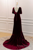 Wine Red Velvet Long Wedding Party Dress With Leg Slit, Wine Red Formal Dress