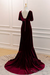 Wine Red Velvet Long Wedding Party Dress With Leg Slit, Wine Red Formal Dress