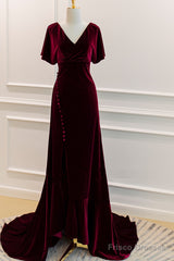 Wine Red Velvet Long Wedding Party Dress With Leg Slit, Wine Red Formal Dress